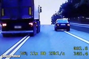 Zdjęcie z videorejestratora przedstawia sytuacje, w której to kierowca ciężarówki wyprzedza na podwójnej ciągłej samochód osobowy.