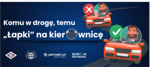 plakat akcji, tekst i dwa auta narysowane z kierowcami
